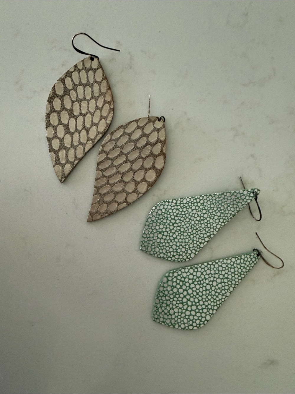 Leather Leaf Drop Earrings in Beige and Mint - Unbranded